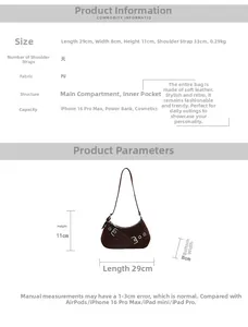 Size chart for dark brown PU leather underarm bag with retro buckle design details