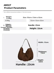Detail view of large brown fabric tote bag showing metal rivets and dimensions