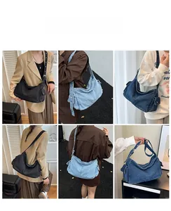 Detailed views of denim hobo bag in black, light blue, and dark blue options