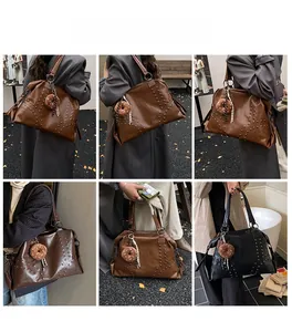 Multiple views of large leather tote bags with rivets and donut plush pendant