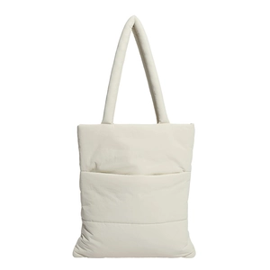Off-white quilted nylon tote bag with padded straps and a minimalist rectangular design