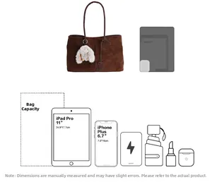 Internal storage capacity layout of large brown suede tote bag for iPad and daily items