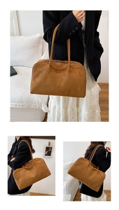 Detail of a brown suede bowling tote bag showing textured finish and sleek minimalist design