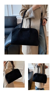 Three-way view of large black suede Boston tote bag showing side and front shoulder carry