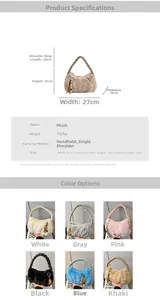 Tableau détaillé des tailles de sacs en peluche et spécifications du produit (27x16x10 cm)