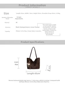 Detailed size chart and dimensions of leopard print tote bag with adjustable shoulder strap