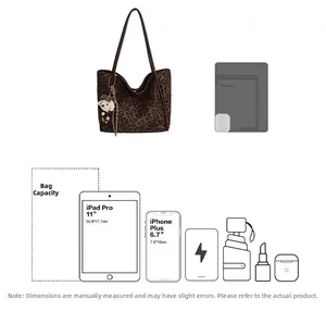 Brown leopard print tote bag showing capacity for 11 inch iPad Pro and iPhone
