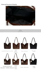 Detailed view of large leopard print tote bag interior lining and color options