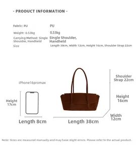 Detailed size chart for suede shoulder tote bag with specific dimensions and PU material