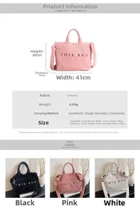 Detailed corduroy tote bag size chart with dimensions and multi-color product options