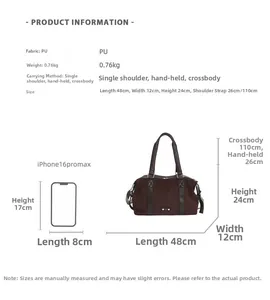 Detailed view of the large brown PU leather tote bag showing exact size and dimensions