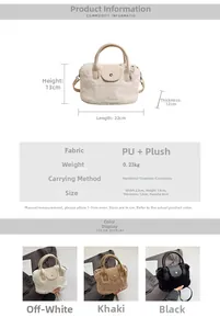 Detailed size specifications for plush and PU leather bucket bag in neutral colors