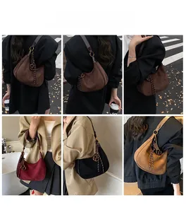 Outdoor street style model shots showing the suede crescent hobo bag in four colors