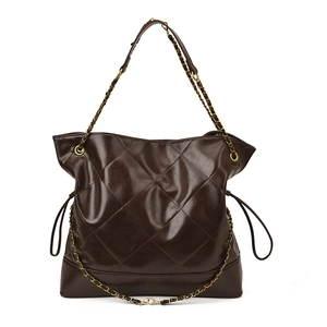 Fashionable dark brown quilted tote bag with chain strap and large capacity