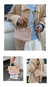 Detailed views of light pink faux fur handbag with leather handle and metallic strap