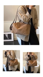 Detail showing caramel suede tote bag with dark brown straps and cute bear pendant