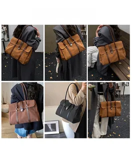 Diverse viste di donne che portano grandi borse tote in tela con finiture in pelle e fibbie