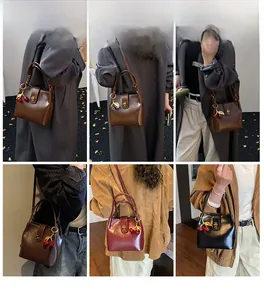 Collage of model wearing vintage bucket bag with metallic lock and cherry pendant detail