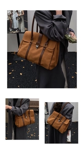 Dettagli macro della borsa tote in pelle scamosciata marrone con finiture in pelle e fibbia