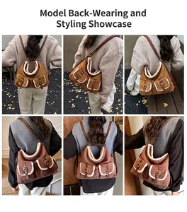 Close-up of vintage suede backpack with faux shearling trim and metal buckle pockets