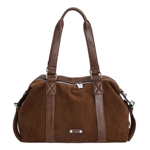 Large brown faux suede tote bag with smooth leather trim and silver logo detail