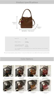 Size chart showing bucket bag dimensions 18.5x12x18cm with PU material and strap details