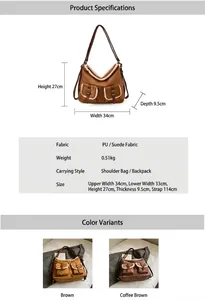 Detailed size specifications of the retro brown PU leather tote with strap length info