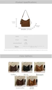 Size chart showing 26x31x11cm dimensions and PU suede fabric for vintage tote bag