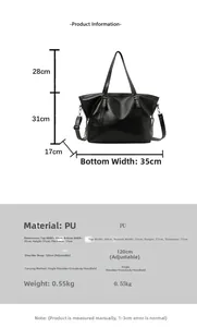 Detailed size chart for black PU leather tote bag with dimensions and strap info