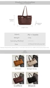 Tableau des tailles et vue multicouleur du grand sac cabas en PU et daim pour le quotidien