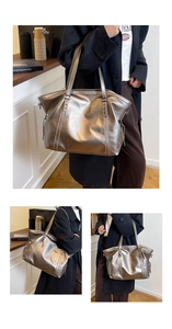 Macro detail of the bronze metallic tote bag showing premium faux leather texture and strap