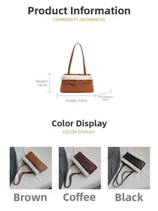 Detail view of plush shoulder bag showing 32x16x9cm size dimensions and color variants