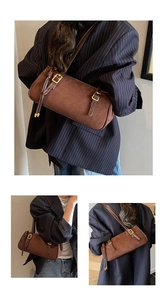 Detailed views of a vintage dark brown baguette bag with golden buckle accents