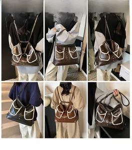 Detail showing plush trim pockets and versatile carrying styles of the brown crossbody bag