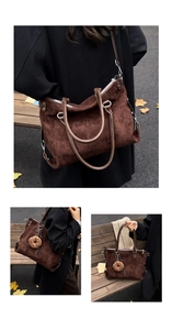 Outdoor shot of a large brown leopard tote bag with plush donut charm and silver hardware