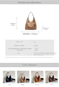 Size chart showing large PU tote bag dimensions with strap length and color options
