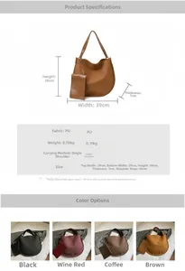 Detail showing high-quality PU leather tote bag with size specifications and color options