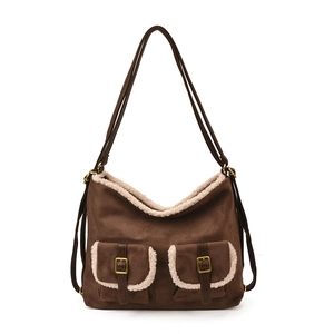 Brown suede tote bag with faux fur trim and front buckle pockets for women