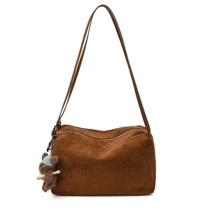Vintage brown suede tote bag with a cute teddy bear charm and silver zipper detail