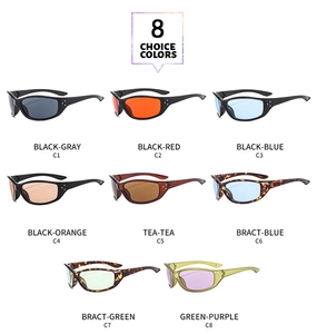 Matrix display of 8 stylish sports sunglasses in various frame and lens colors