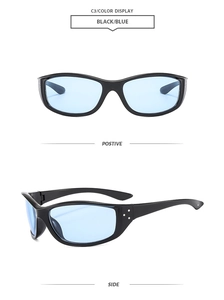 Front and side views of stylish cat-eye sunglasses with blue lenses and silver rivet details