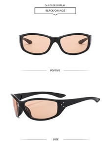 Detail view of sporty black frame sunglasses with vibrant orange lenses from multiple angles