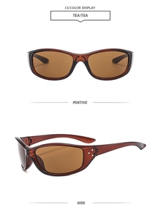 Detail view of retro tea brown oval sunglasses with silver metal rivets and resin frame
