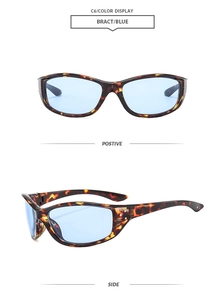 Detail view of tortoiseshell frames with light blue lenses showing front and side angles