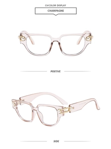 Monture de lunettes carrée champagne avec perles, vues de face et de profil sur fond blanc