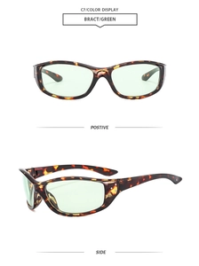 Detail of tortoise frame sunglasses with green lenses showing front and side profile