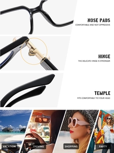 Vue détaillée des charnières métalliques et plaquettes de nez sur lunettes noires tendance