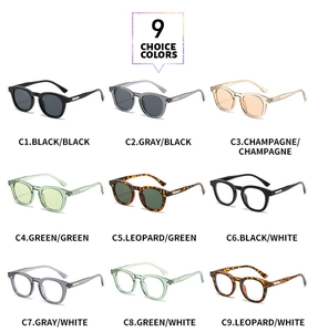 Detail view of nine color variations for retro square sunglasses with silver accents