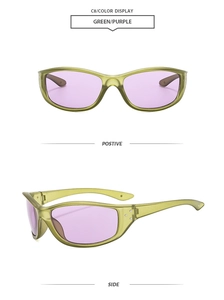 Detail view of matte jelly green sports sunglasses with light purple tinted lenses