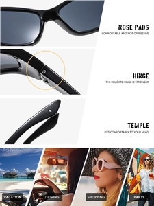 Detail of ergonomic nose pads and reinforced hinges on black cat-eye sunglasses